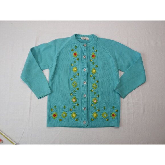 VTG Donovan Galvani Embroidered Cardigan Sweater Sz 38 M Aqua Blue Hong Kong - Picture 14 of 14